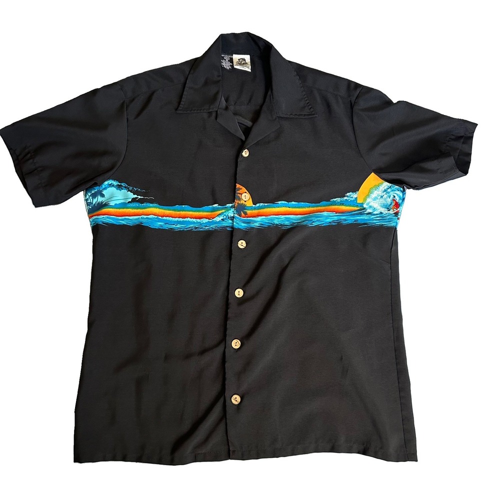 Vtg Kennington Shirt Mens Medium Black Hawaiian Button Up ocean wave polyester